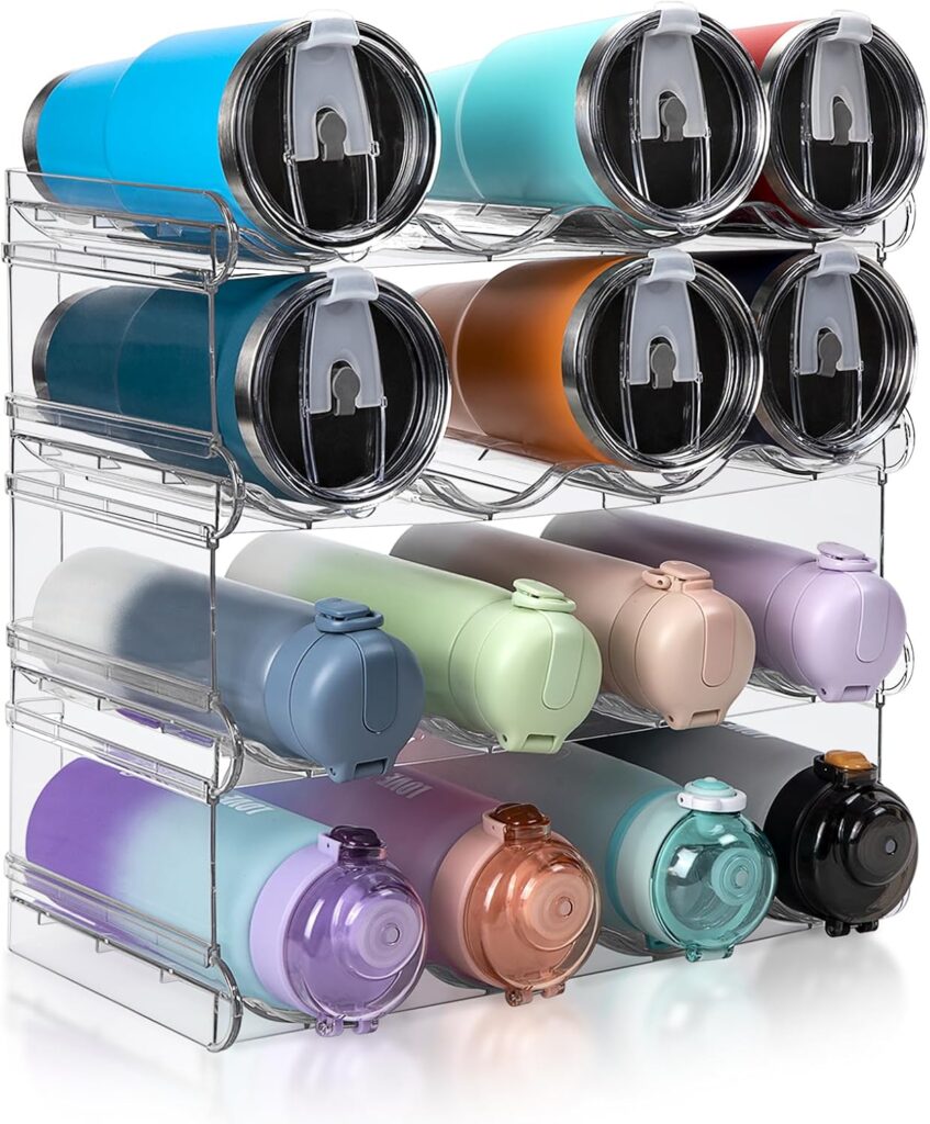 Stackable water bottle organizer keeping reusable bottles and tumblers neatly stored inside a kitchen cabinet