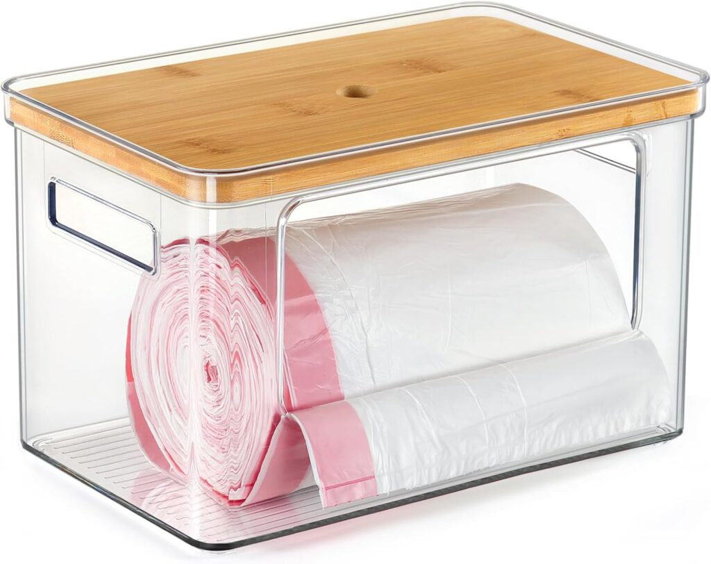 Clear storage bin with bamboo lid for organizing visible kitchen essentials while reducing visual clutter