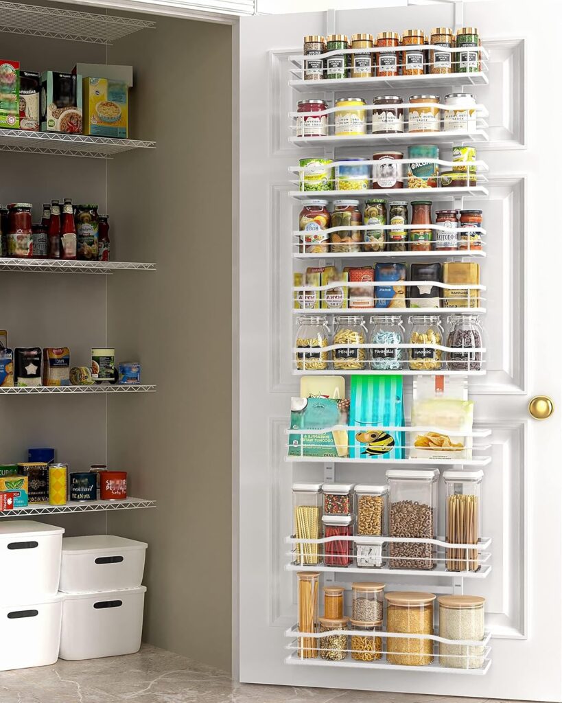 Over-the-door pantry organizer using vertical door space for spices, jars, snacks, and dry foods in a small kitchen