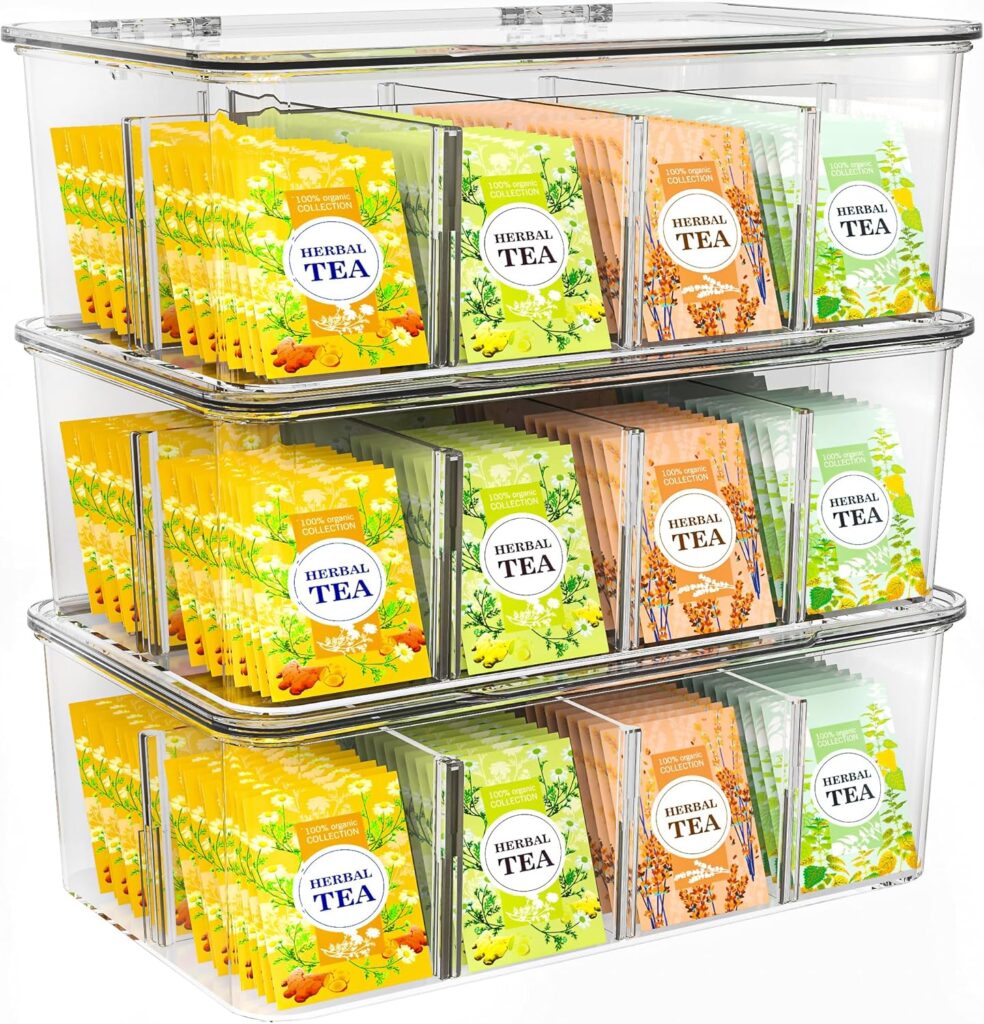 Clear tea bag organizer with divided sections for a calm and organized tea storage zone in a small kitchen pantry