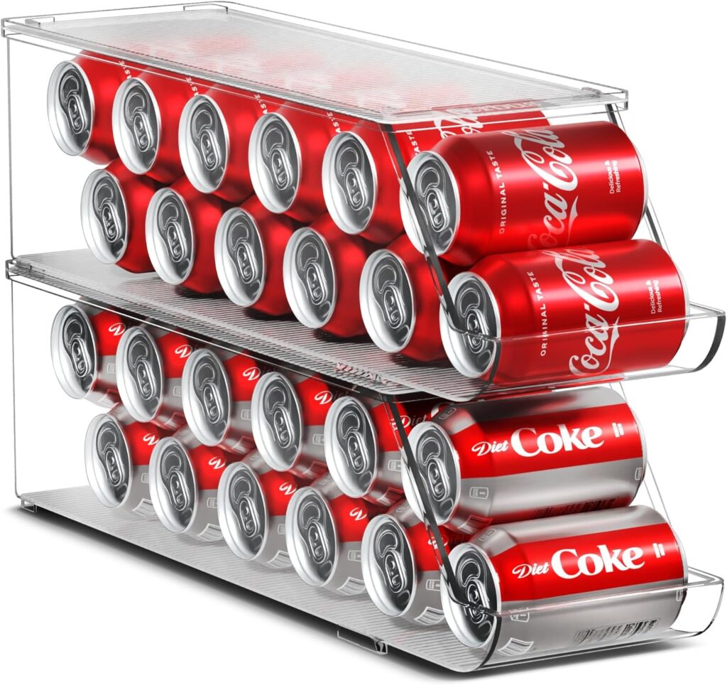Stackable soda can organizer storing cans neatly in a fridge or pantry to save space in a small apartment kitchen