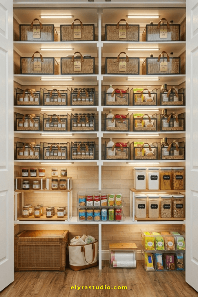Minimal small apartment kitchen pantry organization system with clear containers, bamboo storage accents, and clutter-free cabinet layout designed to reduce visual noise