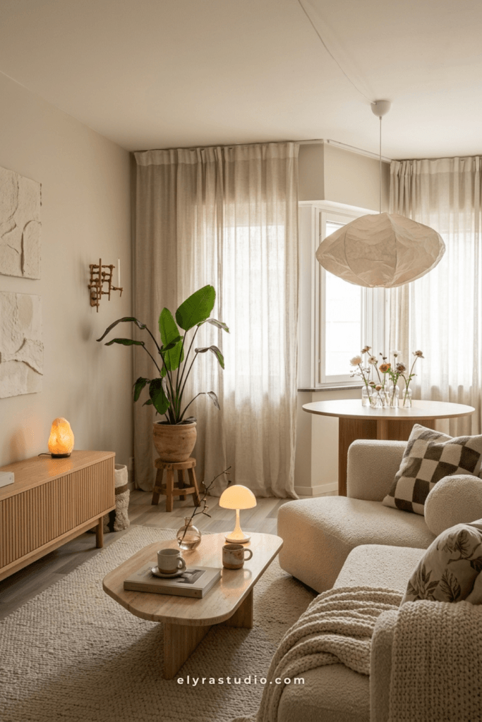 Small neutral living room with soft curtains, low-profile sofa, warm wood furniture, layered textures, and calm open layout ideas for small spaces