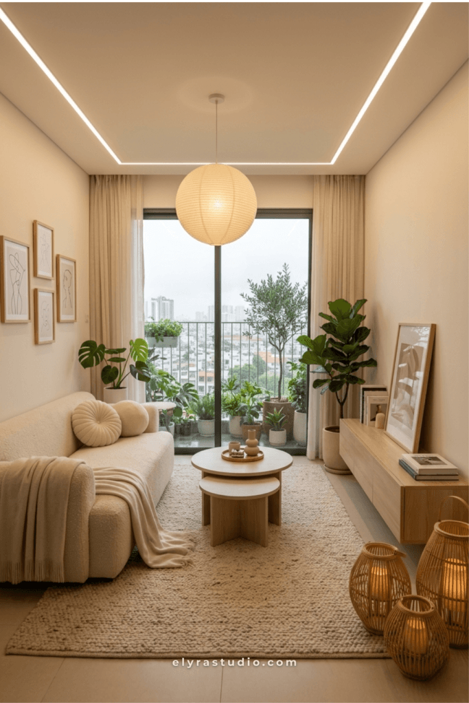Small living room with connected seating area, neutral sofa, round coffee table, soft rug, and calm cohesive furniture layout