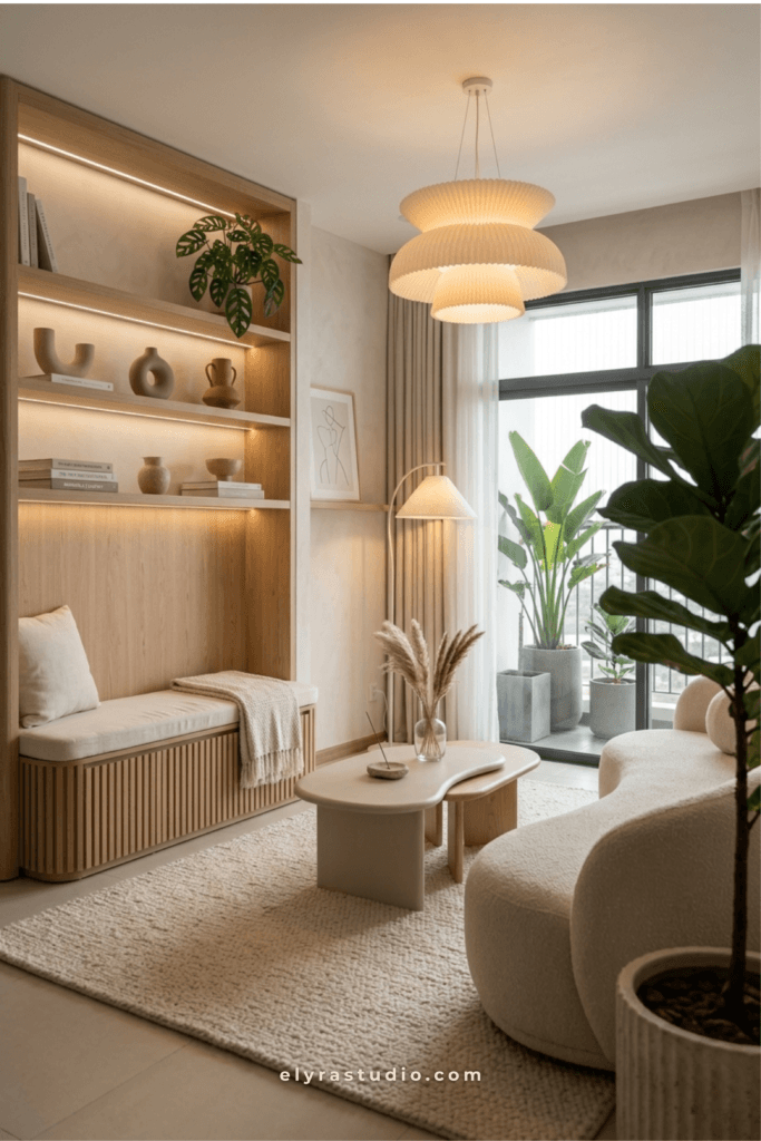 Small living room with built-in storage, neutral decor, soft lighting, hidden organization ideas, and clutter-free shelving