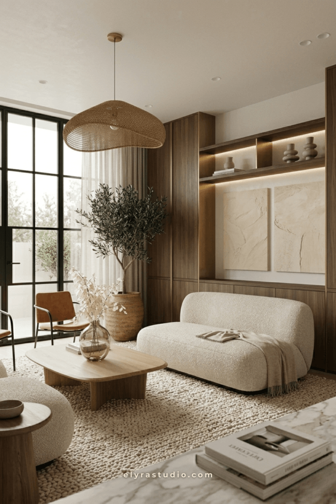 Minimal small living room with low-profile furniture, warm wood accents, large plant, and visually open Japandi-inspired layout