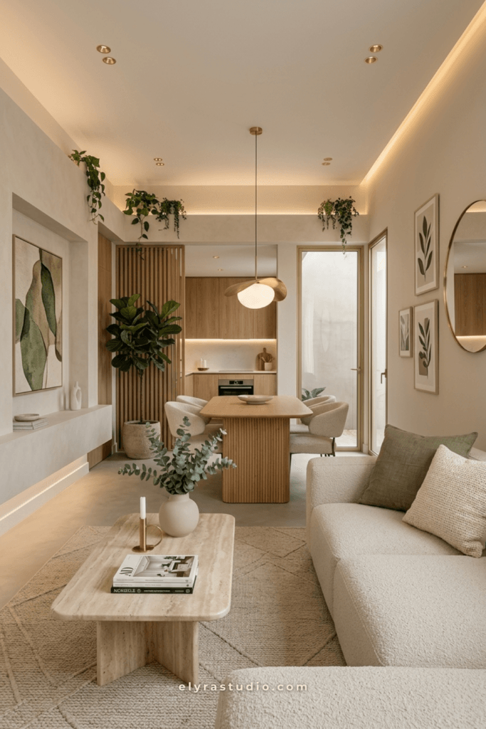 Open small apartment living room with clear walkway, neutral furniture, plants, and airy furniture layout with natural light