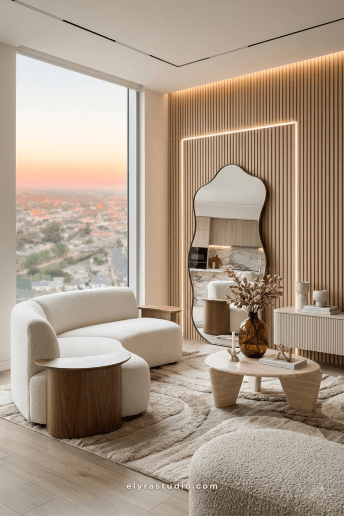 Japandi small living room with wood slat wall, layered neutral textures, curved sofa, warm lighting, and calm modern decor