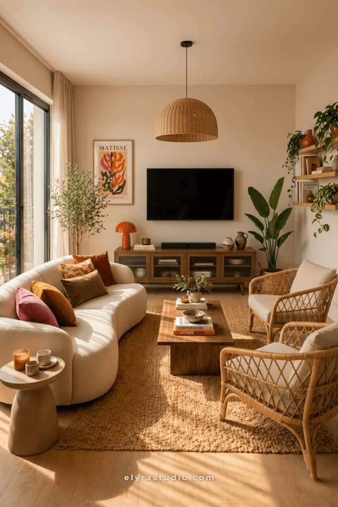 Cozy small living room with layered textiles, warm natural colors, plants, soft lighting, and calm seasonal decor ideas