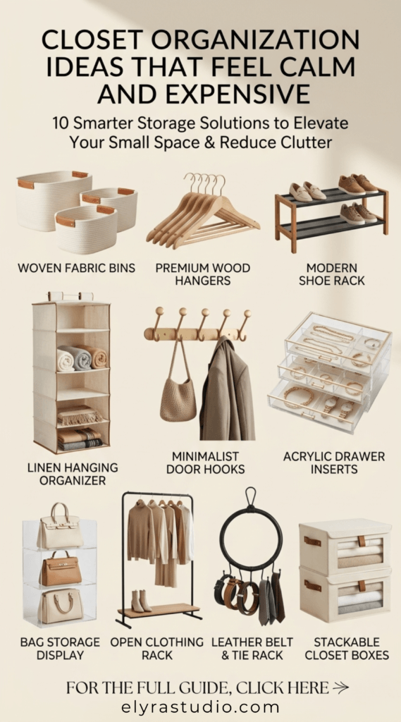 Small bedroom closet organization ideas with calm neutral storage solutions including fabric bins, shoe organizers, hanging closet storage, and acrylic drawer dividers for clutter-free spaces