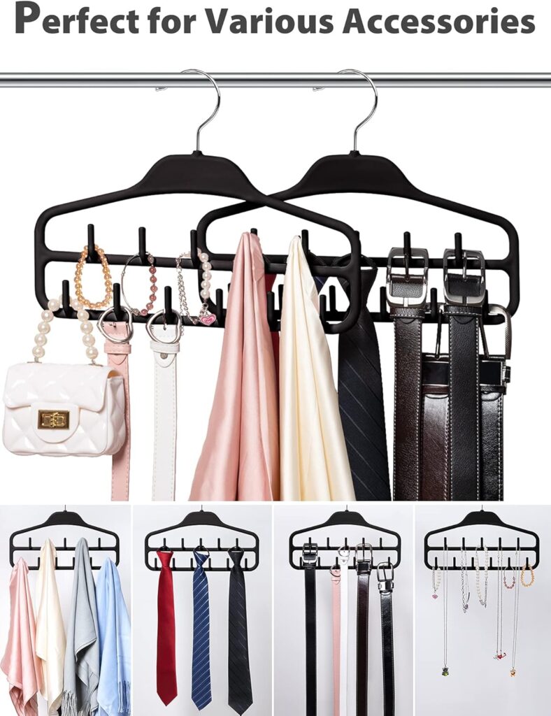 Minimal black accessory hanger organizing belts, scarves, ties, and jewelry vertically inside a closet