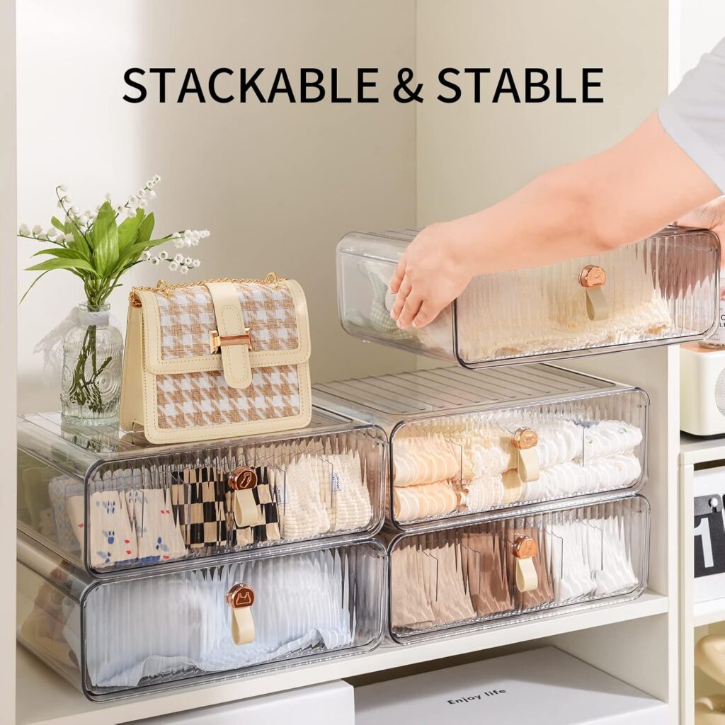 Before and after drawer organization showing folded clothing categories separated with minimalist drawer dividers