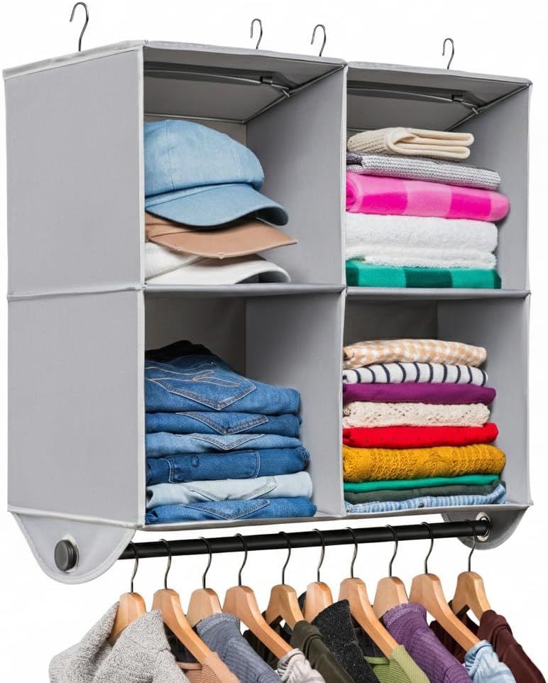 Minimalist hanging closet organizer with folded sweaters, jeans, and storage sections creating calmer vertical storage in a small bedroom closet