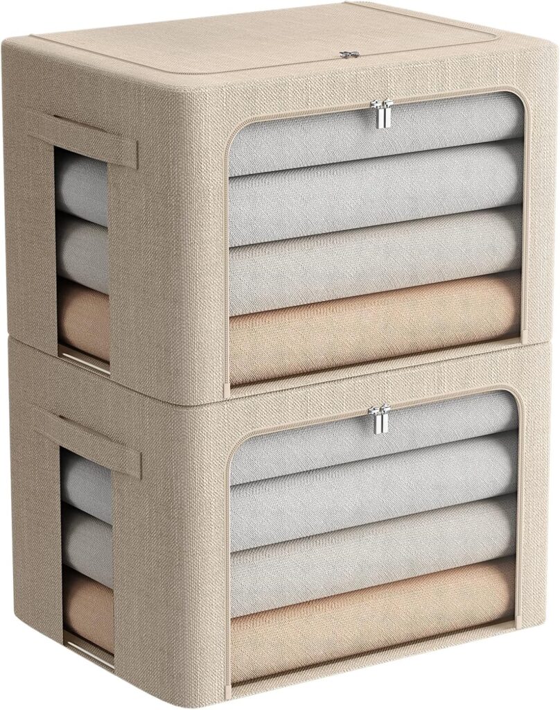 Soft white fabric storage box with divided compartments creating visually calm closet organization for small spaces