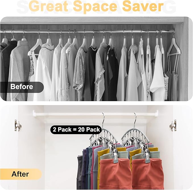 Before and after closet organization using vertical legging hangers to save space and reduce clothing clutter