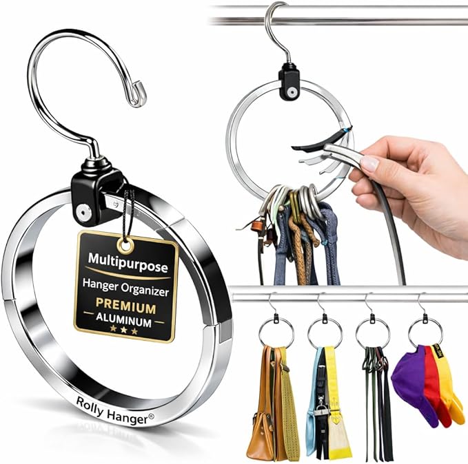 Rotating closet organizer for belts, hats, handbags, and accessories creating vertical storage and reducing closet clutter in small bedrooms