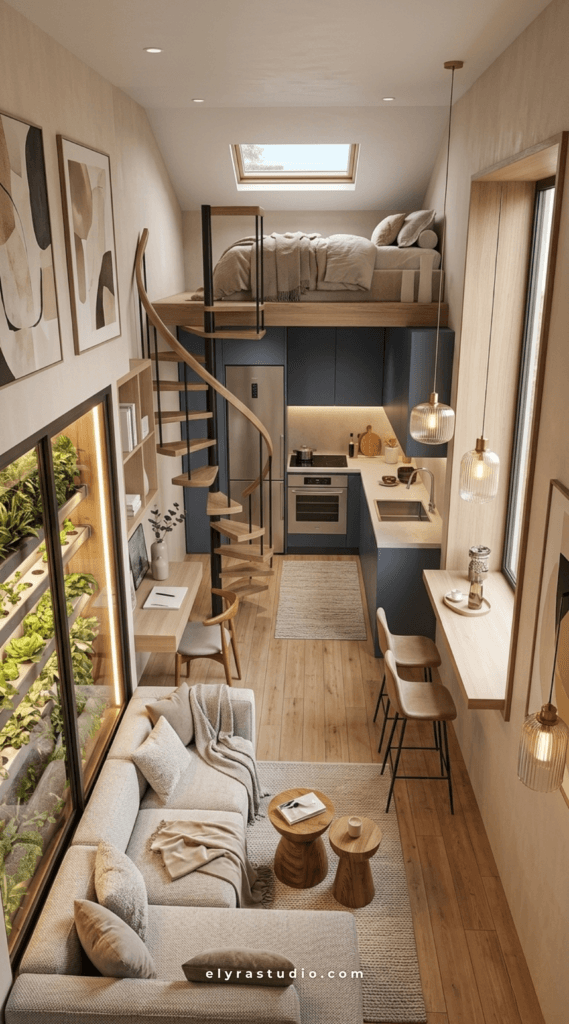 Tiny apartment with airy furniture, visible floor space, and soft neutral colors that help the room feel more open and breathable.