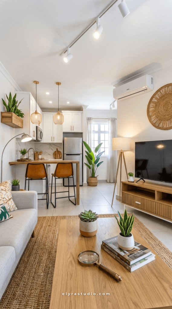 Bright tiny apartment with clean traffic flow, soft neutral tones, and an open layout that feels calm instead of crowded.