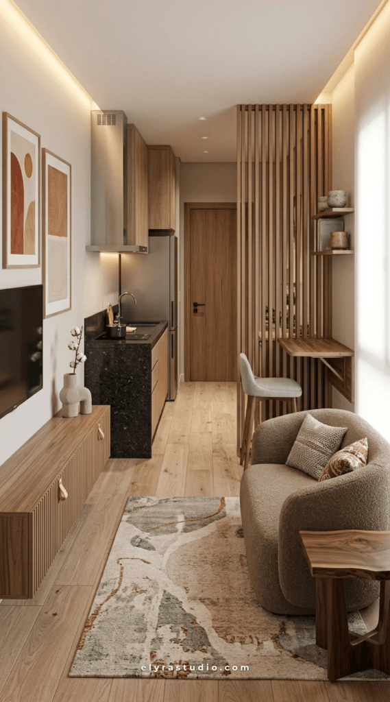Cozy tiny apartment kitchen with calm surfaces, warm lighting, and low visual clutter that blends softly into the living space.