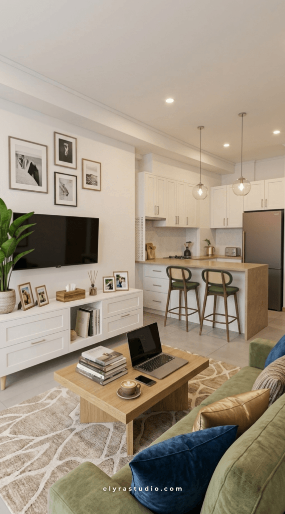 Small apartment layout using wood slat zoning and layered textures to create separation without blocking light or openness.