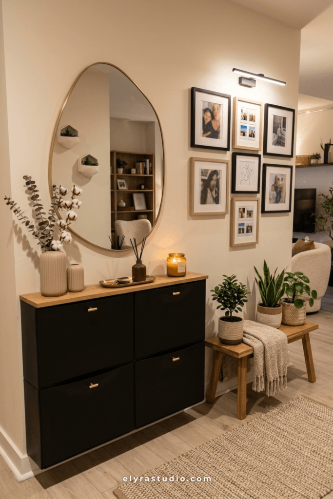 Small apartment entryway with closed storage, warm lighting, and a calm drop zone that reduces everyday visual clutter.