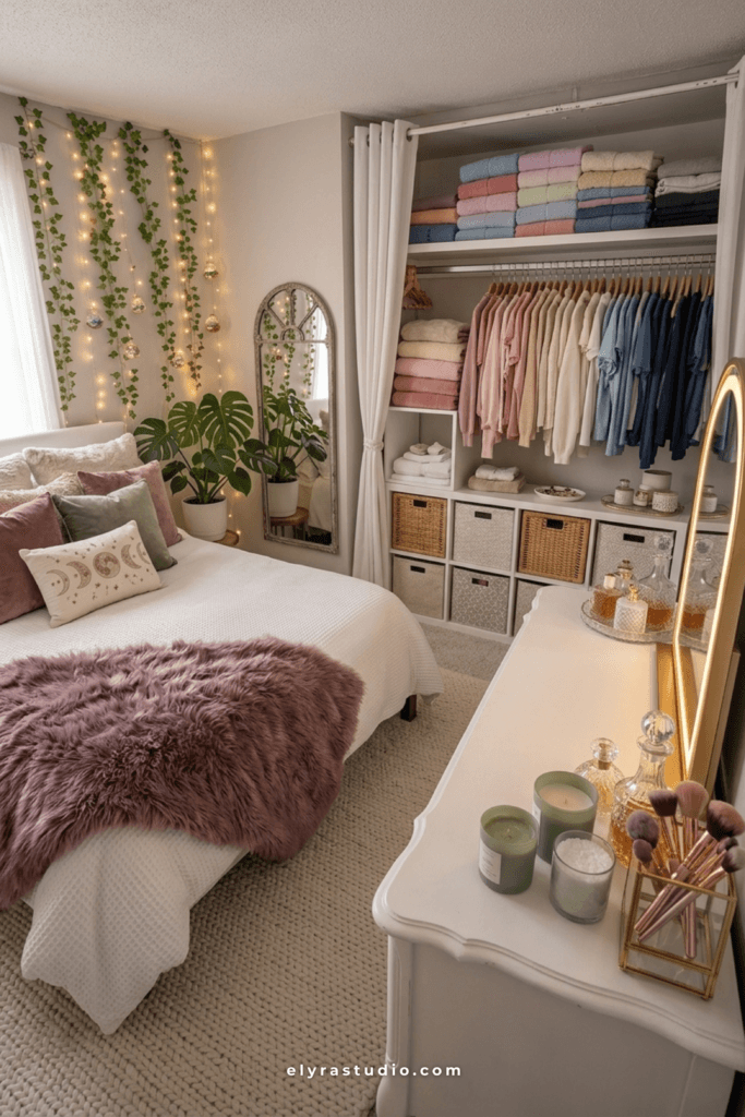 Cozy small bedroom with organized open closet storage, folded neutral clothing, woven baskets, soft lighting, and vertical storage systems creating a calm and clutter-free small space bedroom layout.