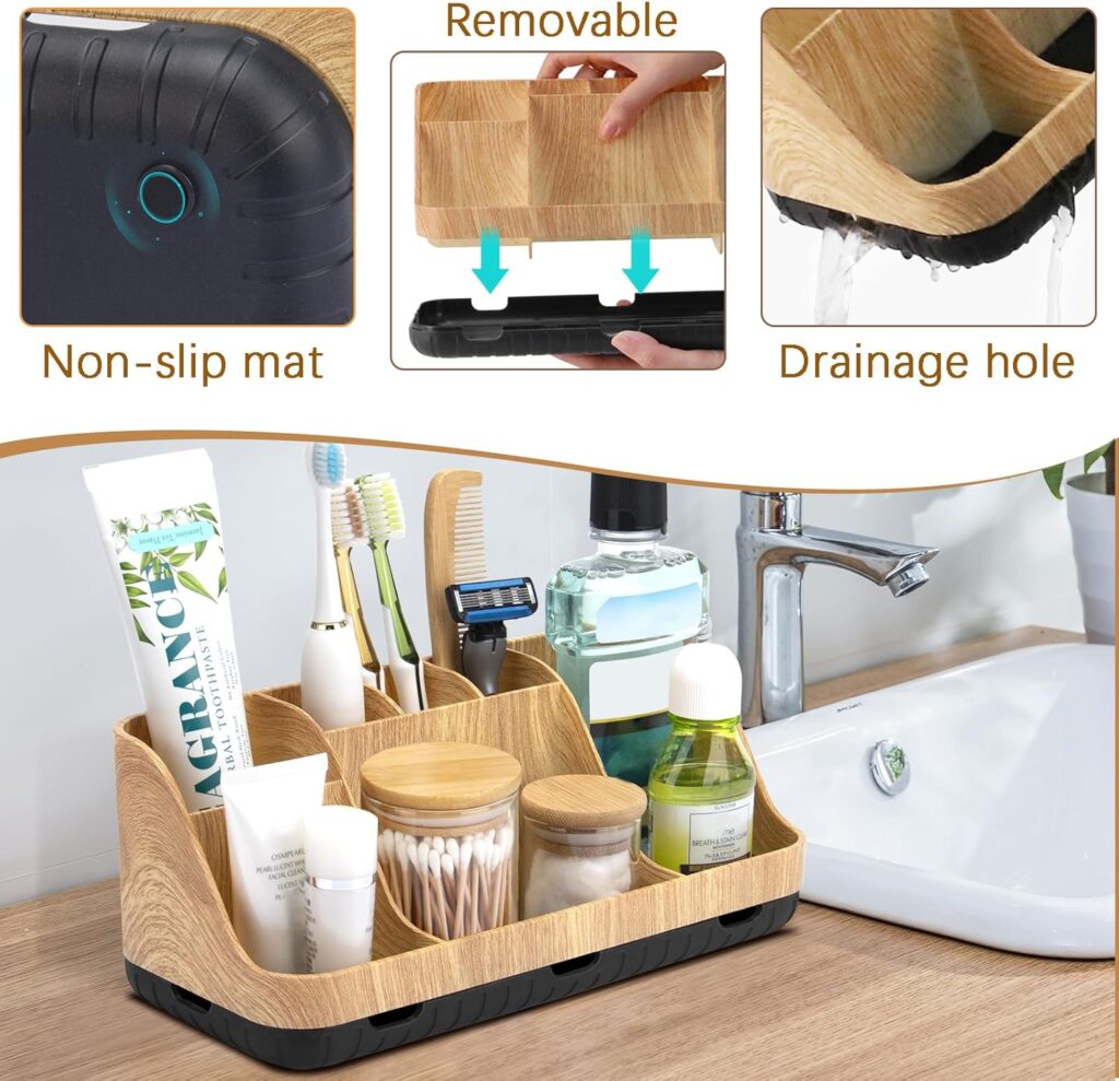 Wood-look bathroom toothbrush organizer with drainage holes and divided sections for toothpaste, razors, cotton swabs, and dental essentials.