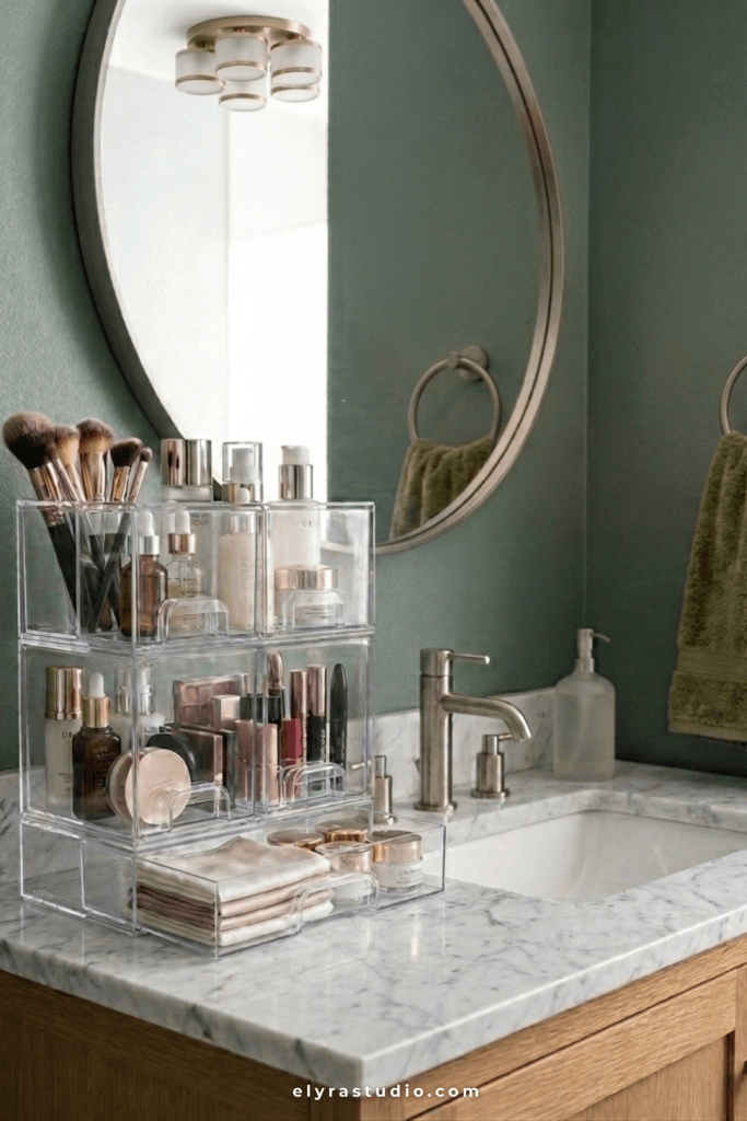 Large clear bathroom organizer with makeup, skincare, and beauty products on a marble vanity in a calm green bathroom.