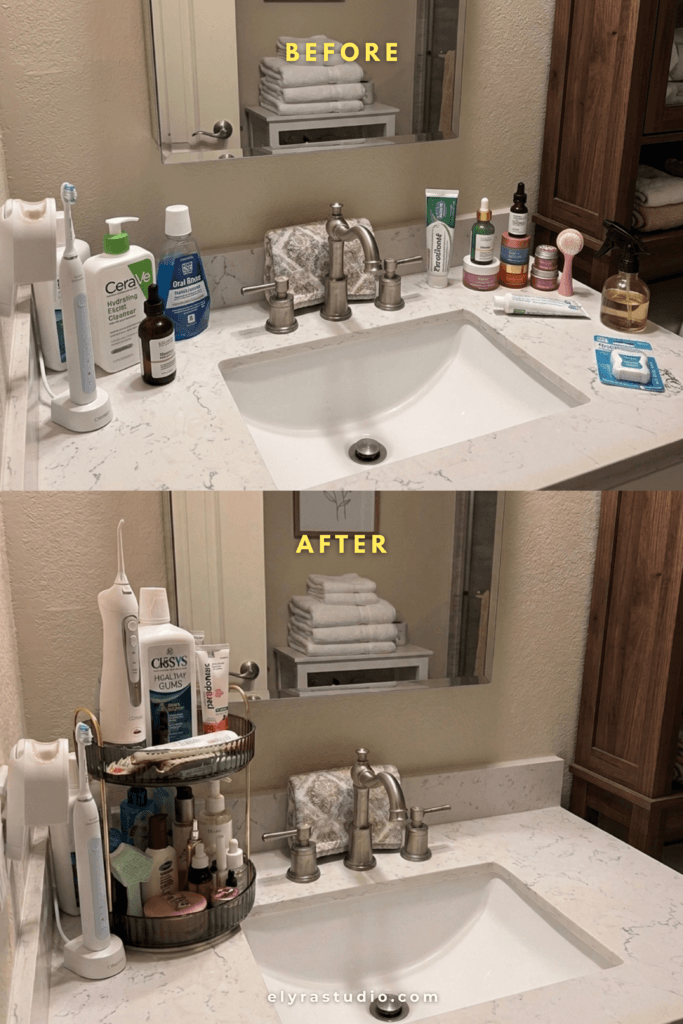 Before and after bathroom counter organization showing cluttered skincare and dental products transformed into a clean organized vanity setup.