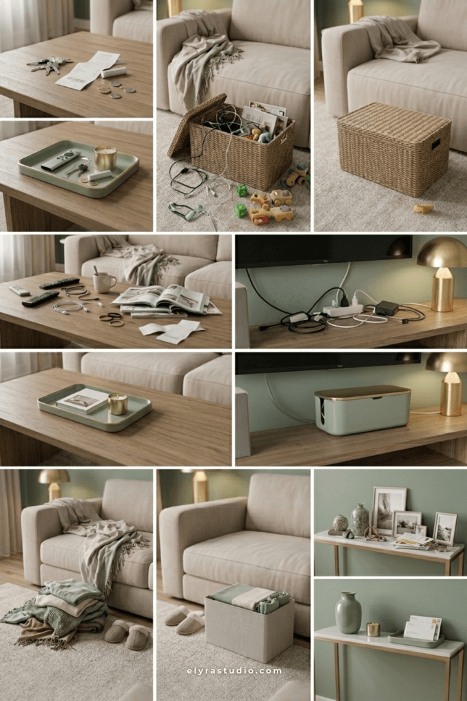 Living room clutter organization ideas collage featuring trays, hidden storage baskets, cable management, folded blanket storage, and minimalist coffee table styling.