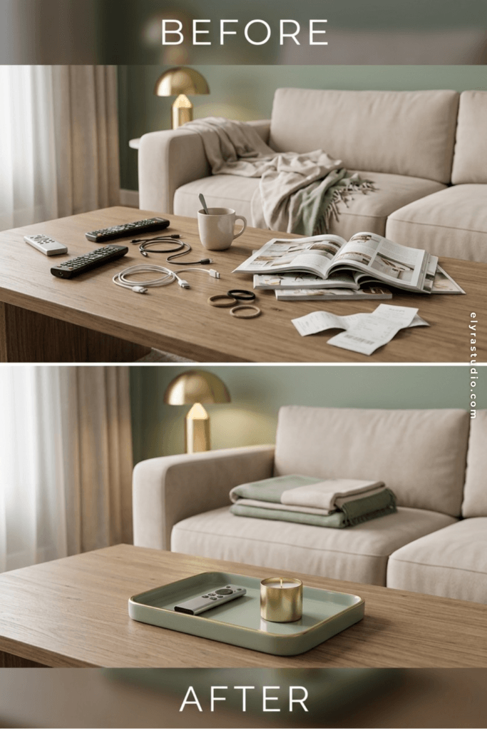 Modern neutral living room before and after decluttering with hidden storage solutions, minimalist coffee table styling, soft cozy textures, and simple small space organization ideas.