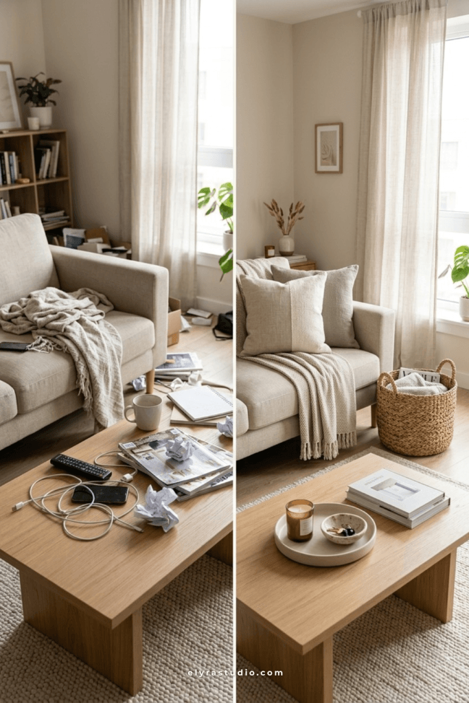 Living room TV console before and after cable management with hidden cords and clean minimalist storage solutions.