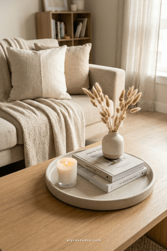 Neutral living room coffee table with a simple tray organizing remotes, keys, candles, and small everyday clutter for a calmer minimalist look.