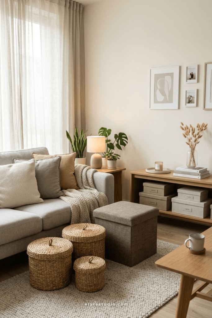 Woven lidded basket beside a beige sofa hiding toys, cables, and everyday clutter in a cozy neutral living room.