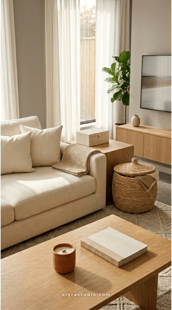 Minimal neutral living room with clean surfaces, hidden storage, soft textiles, and calm clutter-free styling ideas.