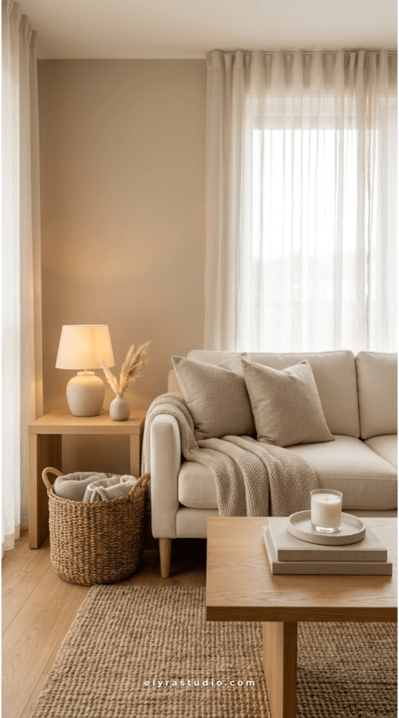 Cozy neutral sofa with woven basket storage for blankets and everyday living room organization ideas.