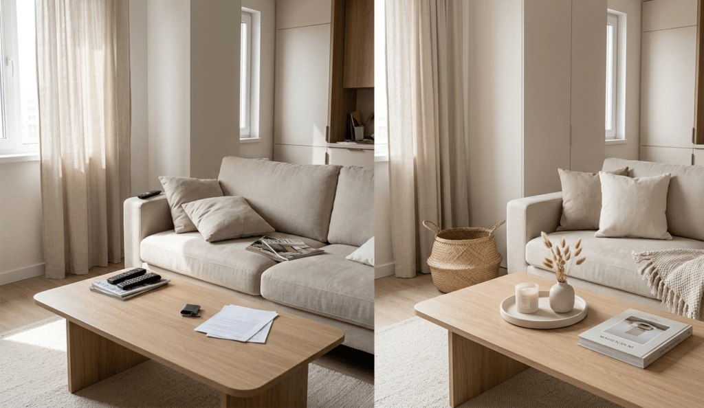 Before and after coffee table styling ideas showing how trays and minimal decor reduce visual clutter in a cozy living room.