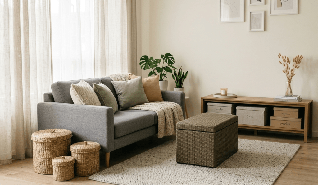 Easy-access hidden living room storage ideas using baskets, trays, and decorative containers in a cozy neutral space.
