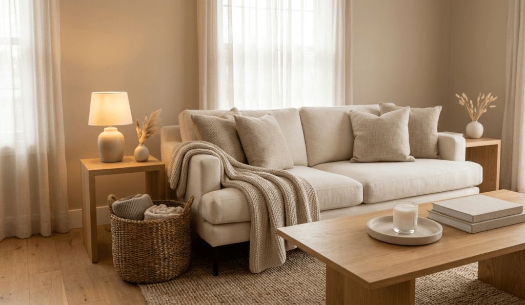 Cozy beige sofa with folded blankets and soft neutral textile storage ideas for a calm living room aesthetic.