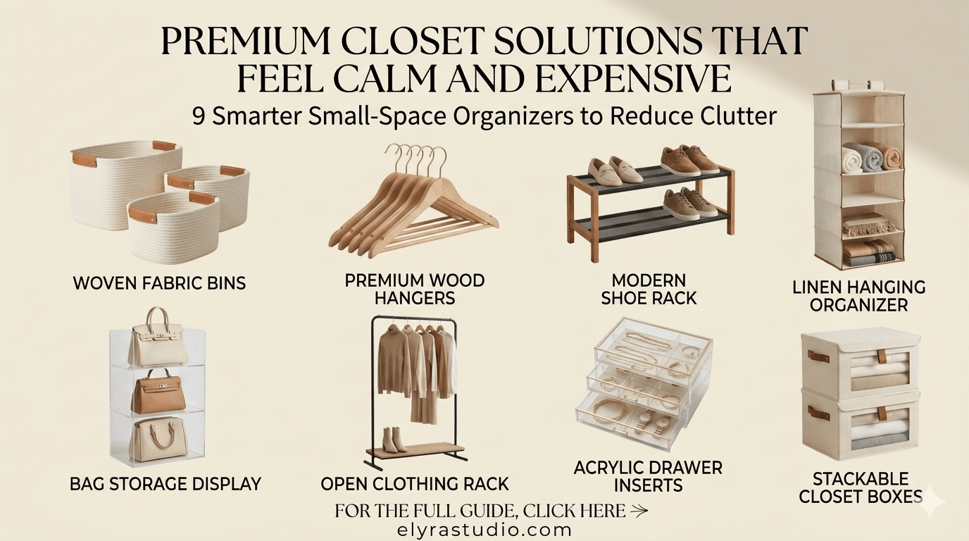 Premium closet organization ideas featuring woven storage bins, wooden hangers, shoe storage, acrylic drawer organizers, and minimalist closet systems for small bedrooms