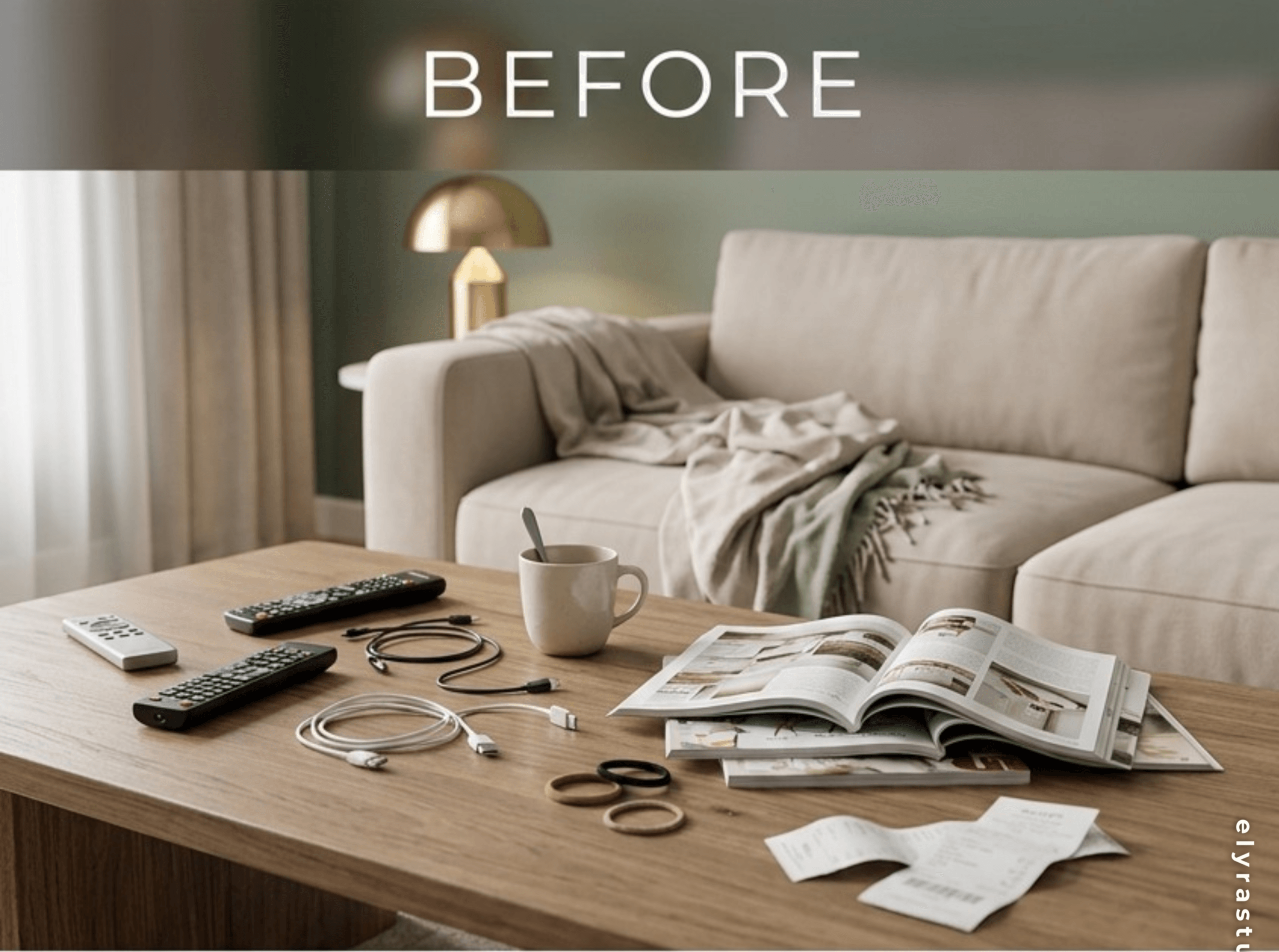 Cozy small living room before and after decluttering with hidden storage ideas, neutral decor, clean coffee table styling, woven textures, and simple organization tips for a calmer clutter-free home.