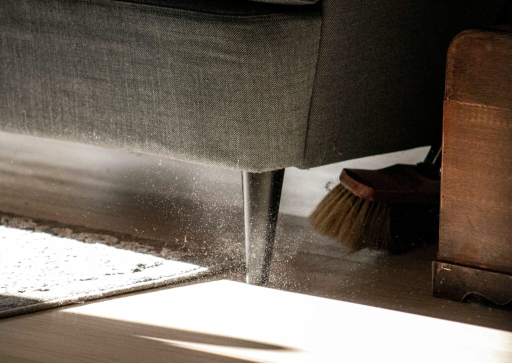 dust under sofa in sunlight showing realistic everyday home mess and visual clutter