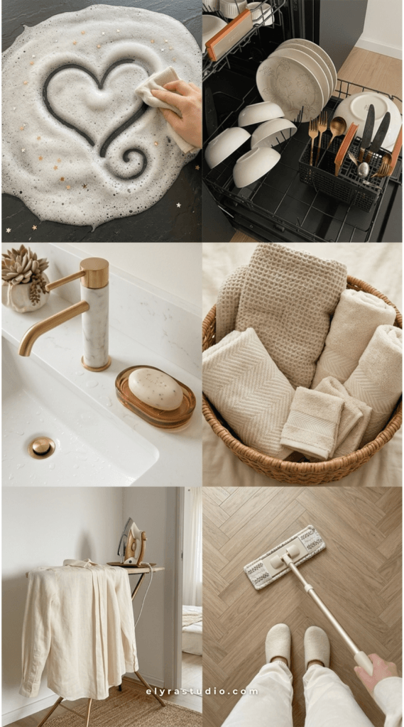 weekly home reset checklist and evening reset routine infographic in cozy neutral aesthetic