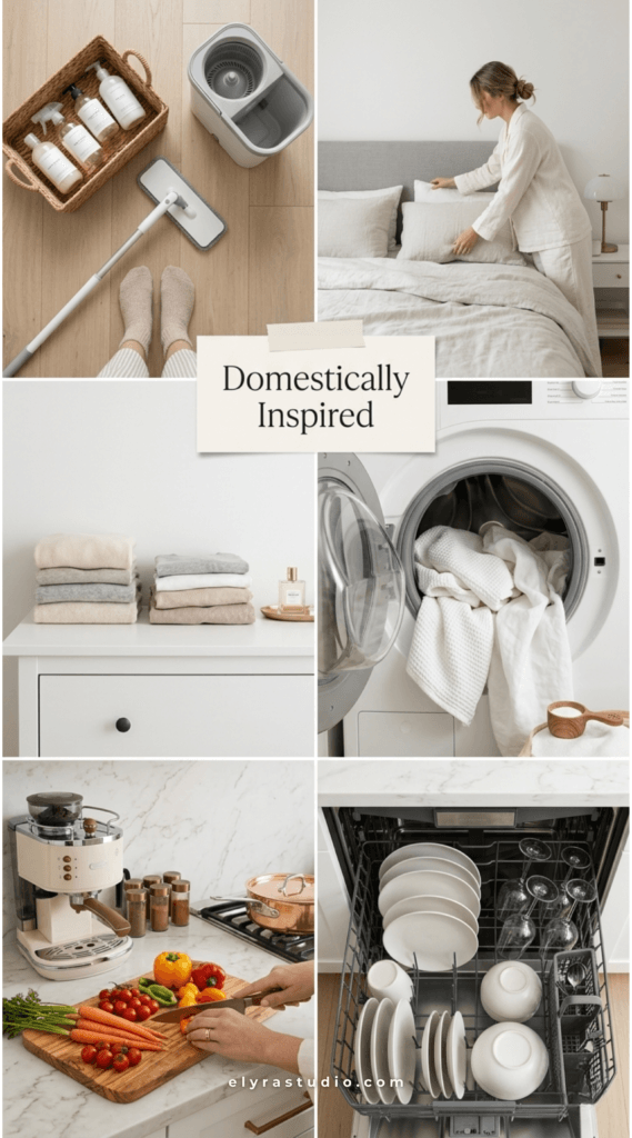 daily home reset routine collage with laundry, dishwasher, floor cleaning, and calm neutral home aesthetic