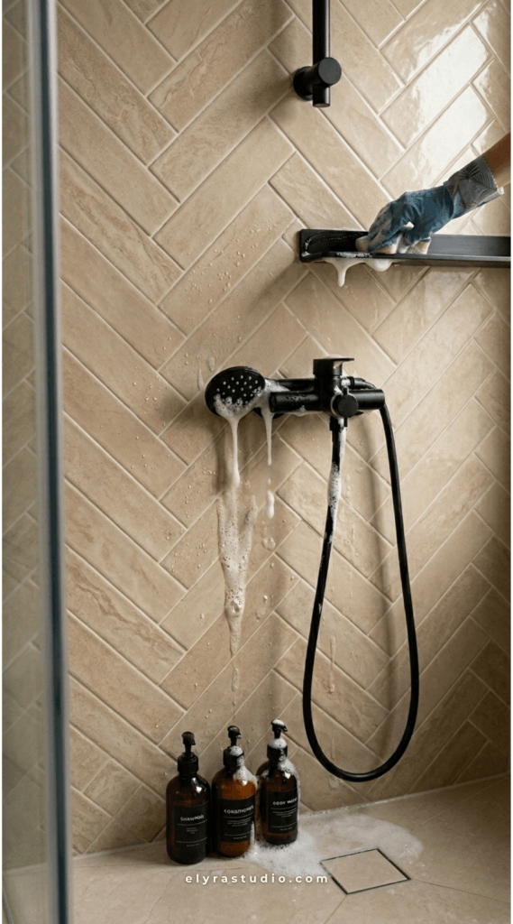 weekly bathroom reset with shower cleaning and neutral modern bathroom aesthetic