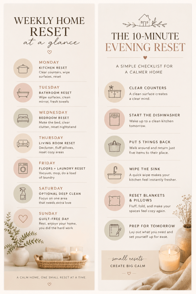 wide pastel cleaning graphic with weekly home reset text and calming realistic home routine aesthetic