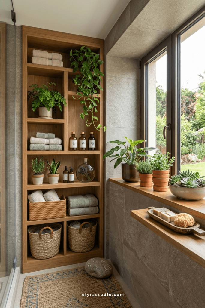 Built in wooden bathroom storage shelves with baskets, folded towels, plants, and organized spa inspired bathroom decor