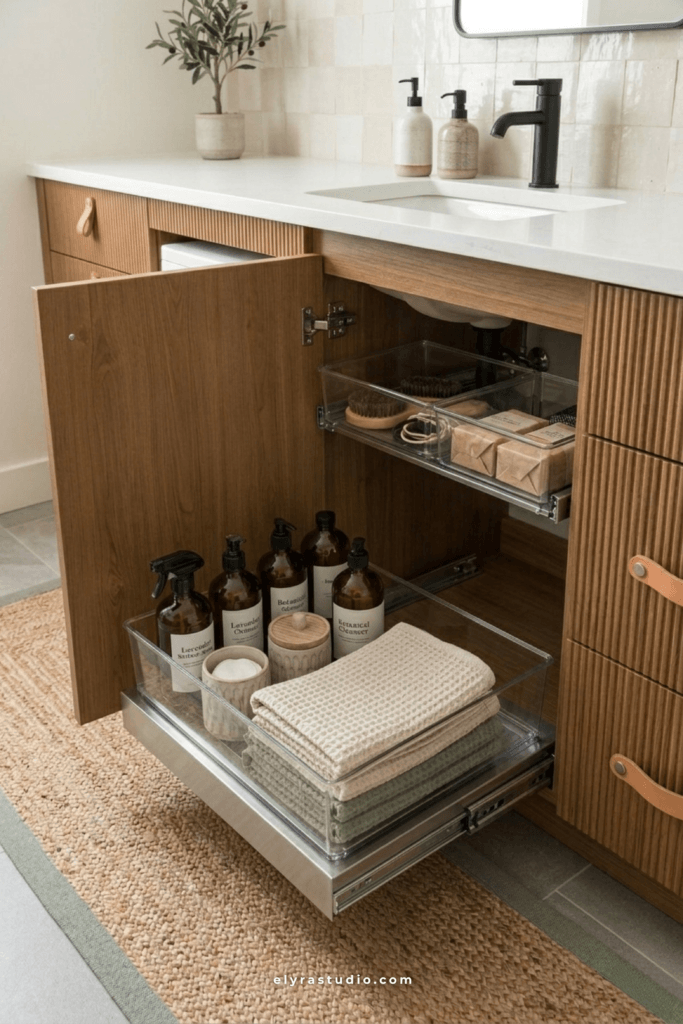 Modern under sink bathroom storage with pull out organizers, clear containers, folded towels, and hidden bathroom organization