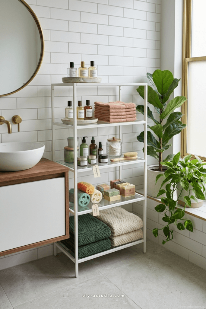 Small bathroom storage shelf with woven baskets, folded towels, skincare products, and clean neutral organization ideas