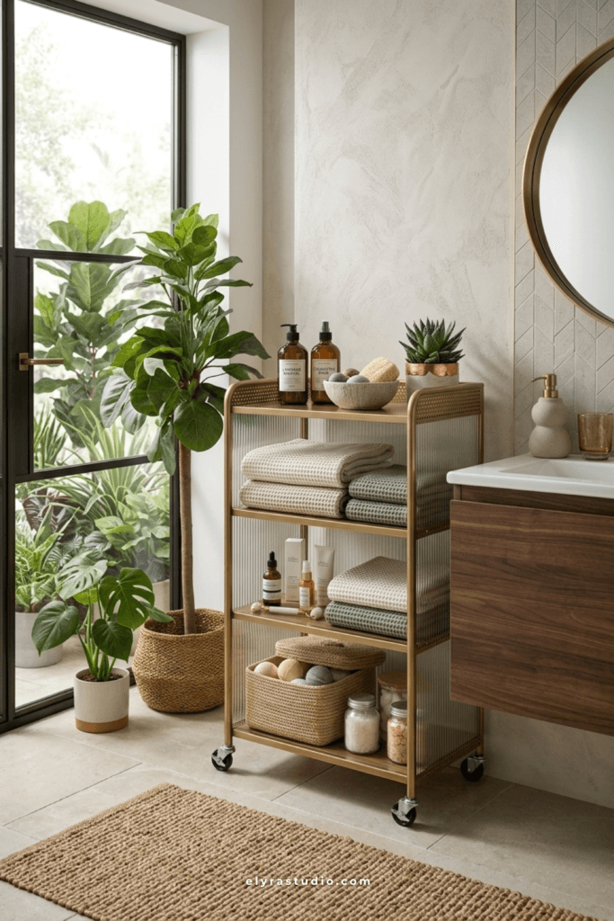 Slim rolling cart bathroom storage idea with folded towels, skincare products, woven baskets, and warm neutral decor